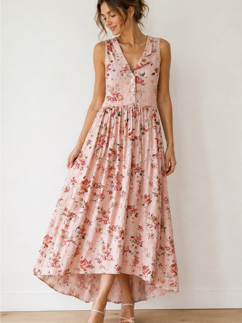 Vintage 90s Pink Floral Midi Maxi Dress Cottagecore Rose Print Tie Back Sz 6